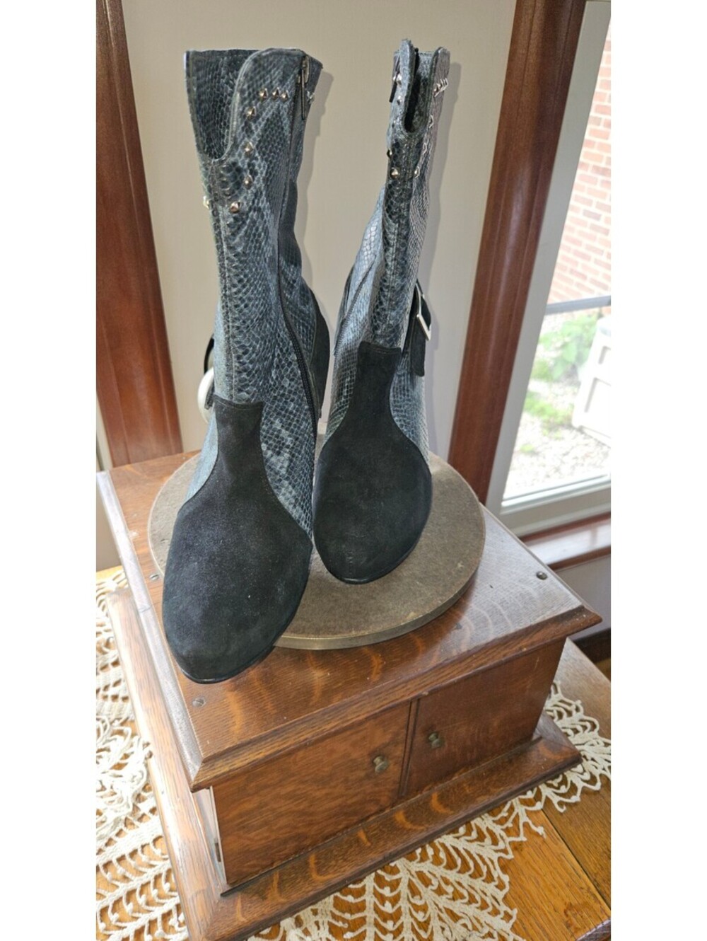 Vintage Calzados Divaley Snakeskin & Suede Stiletto Mid-Calf Boots